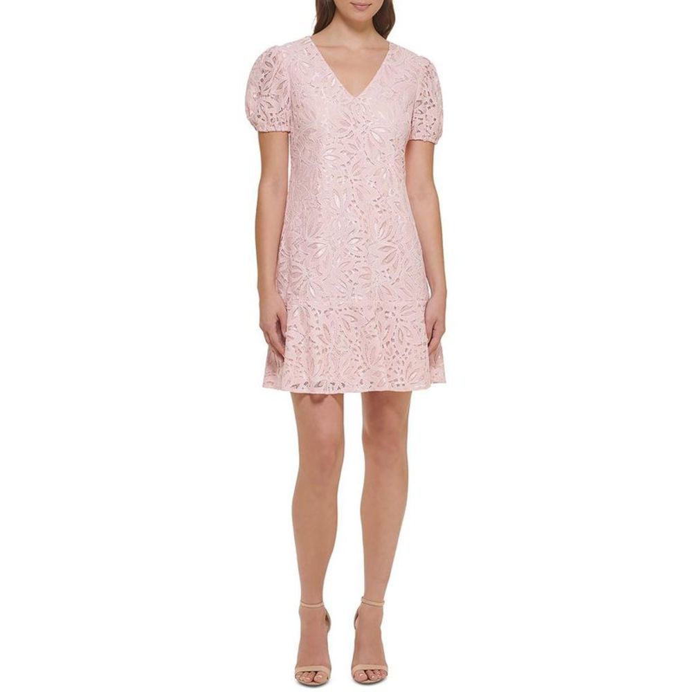 Women's Pink Lace V-Neck Short Sleeve Dress